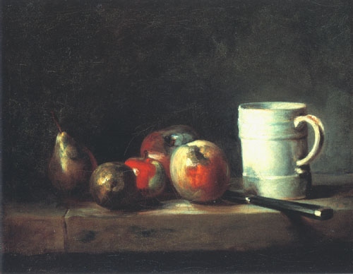 Still life with a cup, pear, four apples and a knife a Jean-Baptiste Siméon Chardin