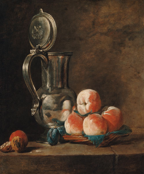 Quiet life with tin jug and peaches a Jean-Baptiste Siméon Chardin