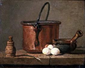 Still Life of Cooking Utensils, Cauldron, Frying Pan and Eggs