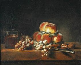 Still Life of Peaches, Nuts, Grapes and a Glass of Wine