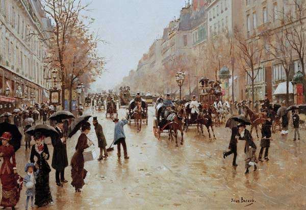 Boulevard Poissonniere in the Rain, c.1885 a Jean Beraud