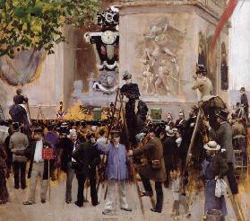 The Funeral of Victor Hugo (1802-85) at the Arc de Triomphe, 1885 (oil on panel)