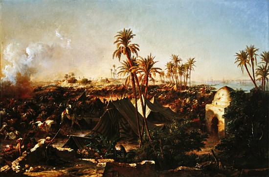 Battle with palm trees and tents a Jean Charles Langlois