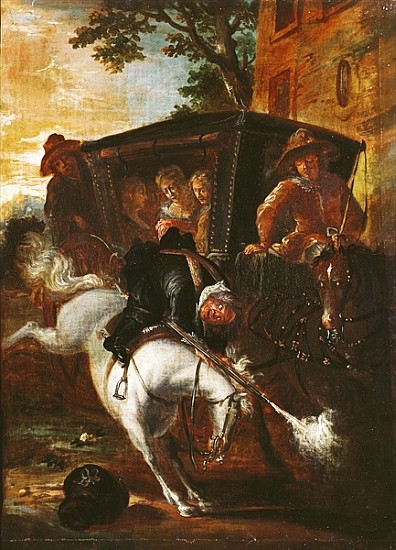 With a Musket on his Back, Ragotin Climbs onto his Horse to Accompany the Troupe, from ''Roman Comiq a Jean de Coulom