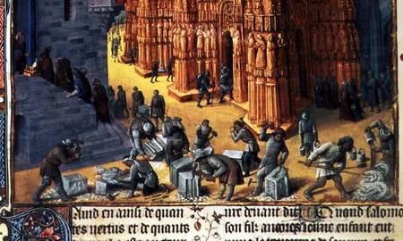 Fr 847 f.153 The Building of the Temple of Jerusalem, detail showing masons at work a Jean Fouquet