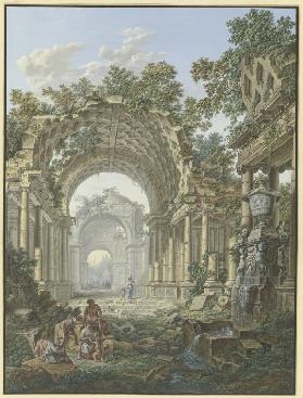 Römische Ruinen, rechts ein Brunnen, mit Staffage