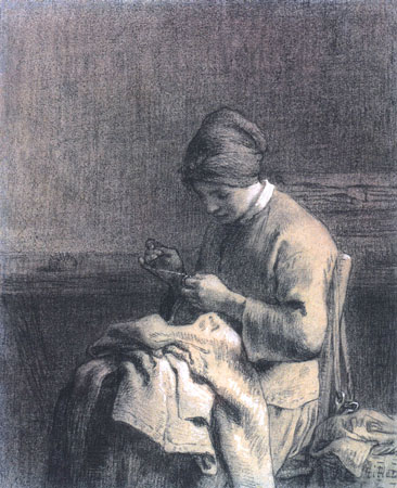 Woman mending work a Jean-François Millet