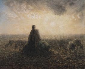 Shepherdess and herd to sunset