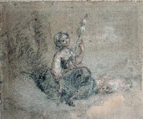 A Young Shepherdess Spinning (red & white chalk and charcoal on paper)