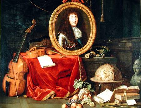 Still life with portrait of King Louis XIV (1638-1715) surrounded by musical instruments, flowers an a Jean Garnier