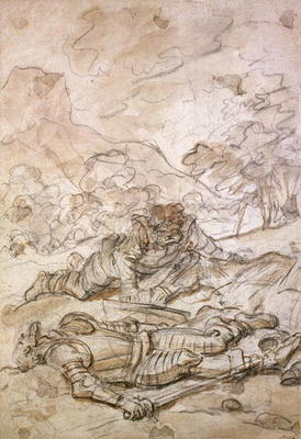 The Sad Situation of Don Quixote and Sancho Panza, Ill-Treated by the Galley Slaves (black chalk & b a Jean Honoré Fragonard