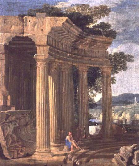 Landscape with ruins and a shepherd a Jean Lemaire