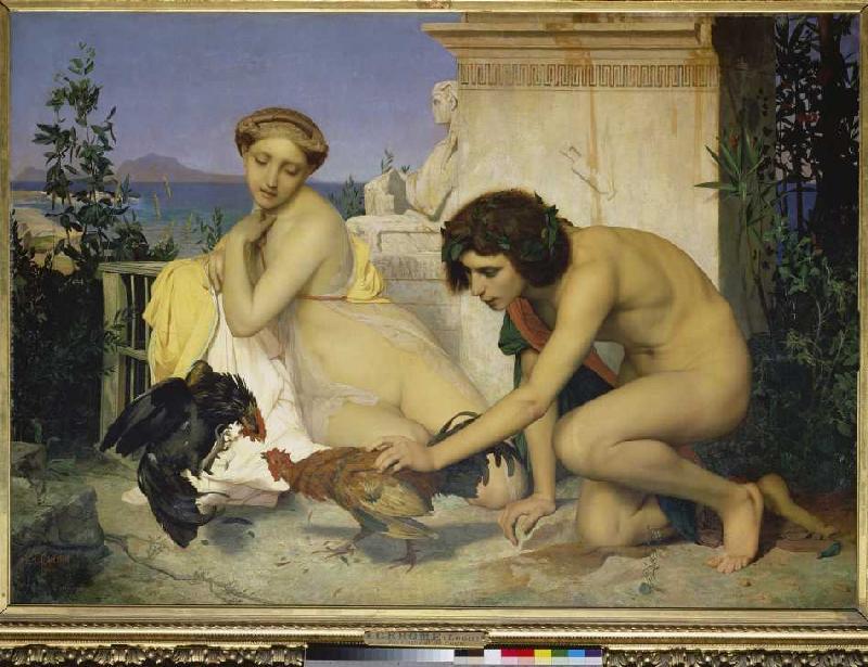 Young Greek couple and fighting roosters a Jean-Léon Gérome