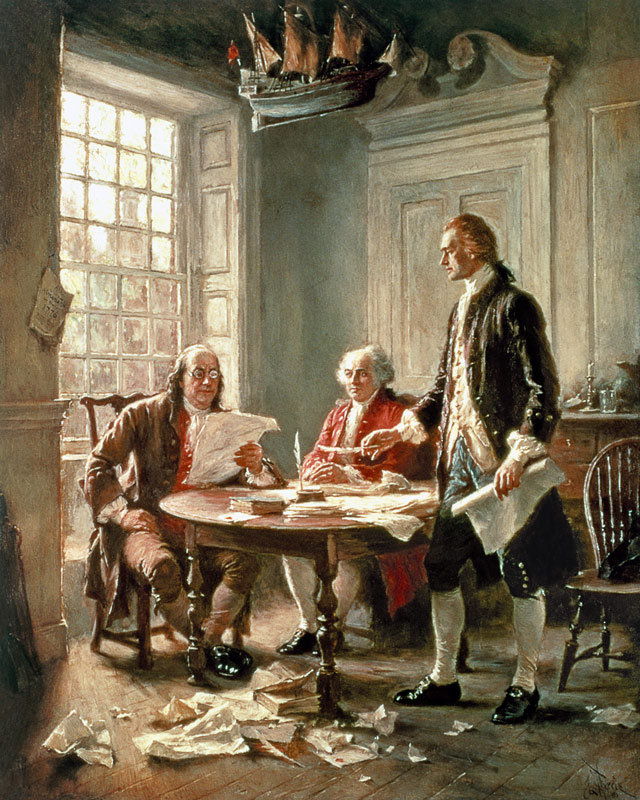 The Drafting of the Declaration of Independence in 1776: (LtoR) Benjamin Franklin (1706-90) a Jean Léon Gérôme Ferris