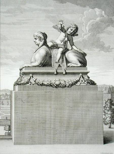 Figure of a sphinx in white marble, carrying a bronze Cupid, at Versailles, 1676, from 'Vues et Plan a Jean Lepautre