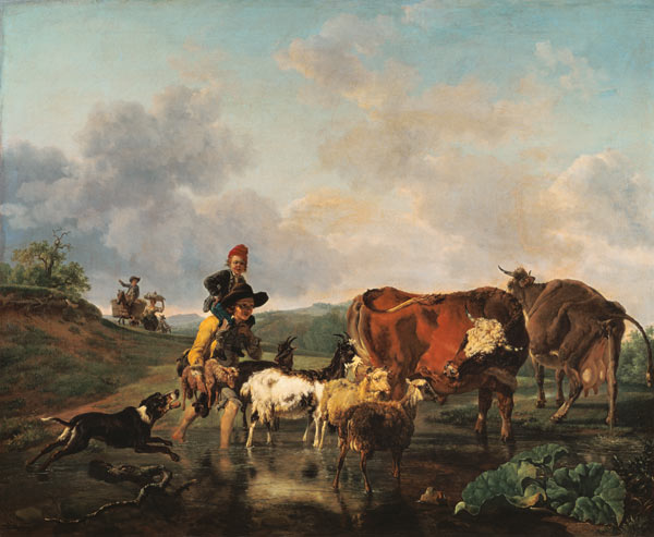 Smallholder with herd when passing through a river. a Jean-Louis Demarnette Demarne