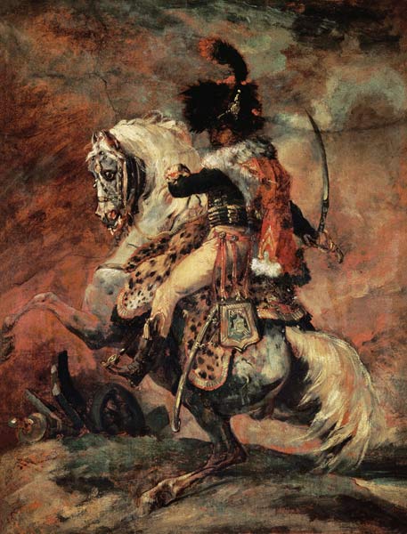 Cavalry officer, riding on a dapple-grey horse. a Jean Louis Théodore Géricault