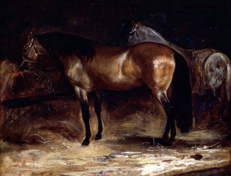 A Bay Horse at a manger, with a grey horse in a rug a Jean Louis Théodore Géricault