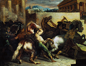 Wild horses at a running in Rome. a Jean Louis Théodore Géricault