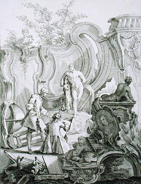 Craftsmen working on designs, from 'Rococo Ornament', engraved by Antoine Aveline (1691-1743) a Jean Mondon