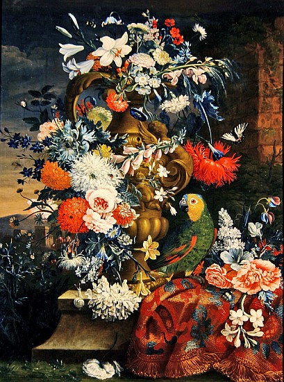 Bouquet of flowers and a parrot a Jean Picart