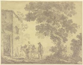 Vor einem Hause unter einem großen Baume ein Mann und eine Frau mit einem Esel
