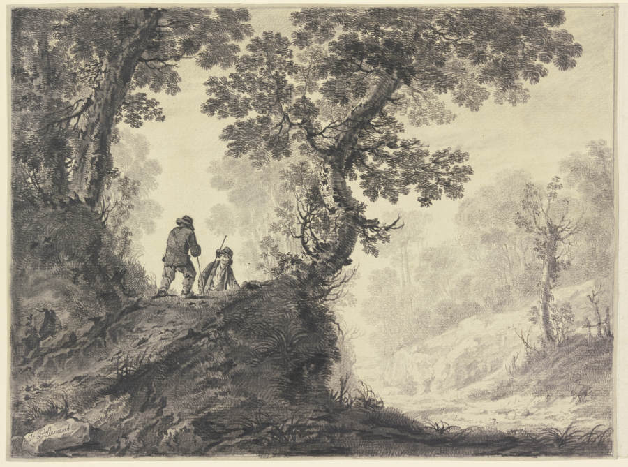Waldlandschaft, links auf einer Anhöhe zwei Wanderer a Jean Pillement