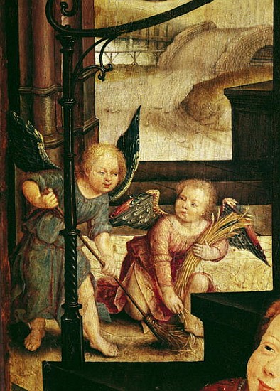 Triptych of the Adoration of the Child, detail of two angels sweeping from the right hand panel a Jean the Elder Bellegambe