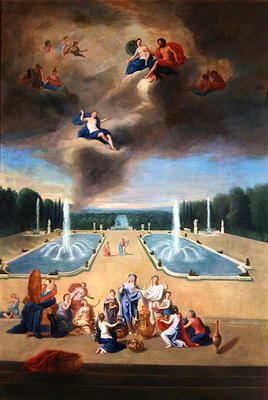 Groves of Versailles. View of the water parterre and the cabinets of animals, with priestesses prepa a Jean the Younger Cotelle