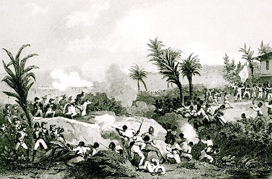 Black revolt in Santo Domingo, 16th September 1802, from ''Histoire Universelle du XIXe siecle'', af a Jean Francois Pourvoyeur