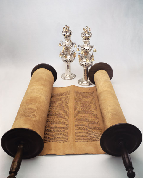 Torah scroll with Silver Crown finials (paper, wood & silver) a Jewish School