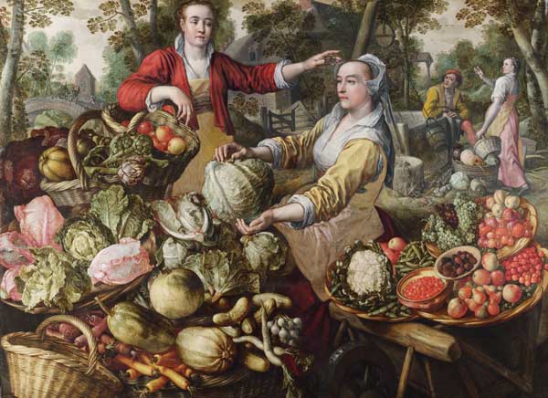 The Four Elements: Earth. A Fruit and Vegetable Market with the Flight into Egypt in the Background a Joachim Beuckelaer