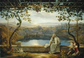 Monk sitting on a Terrace overlooking Lake Nemisee