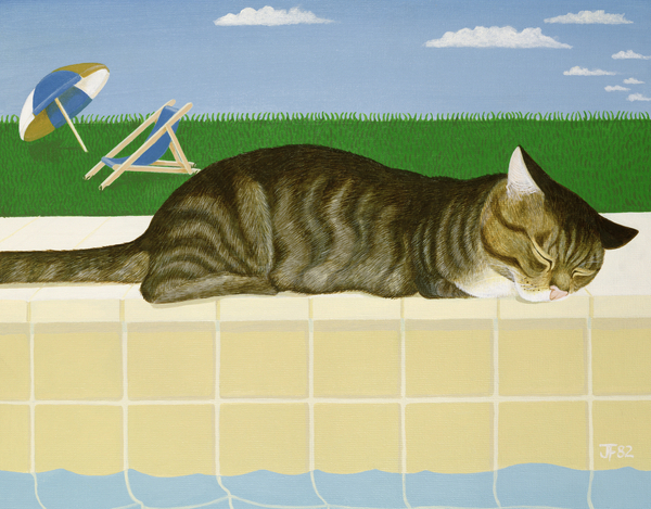 Tabby cat by a pool a Joan Freestone