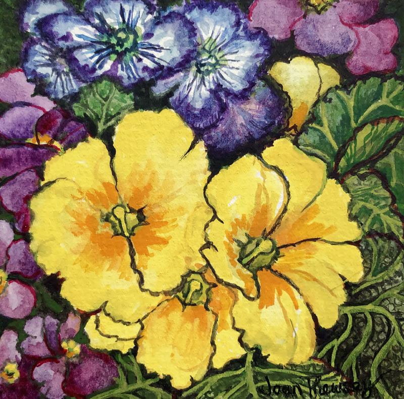 Three Yellow Primroses surrounded by mauve and purple primroses and leaves a Joan  Thewsey