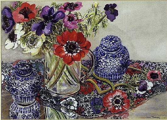 Anemones with Blue and White Pots (w/c)  a Joan  Thewsey