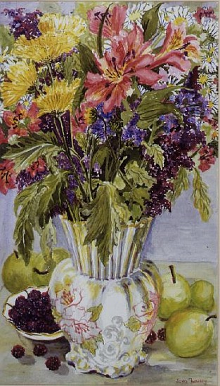 Blackberries and Apples with a Jug of Mixed Flowers (w/c)  a Joan  Thewsey