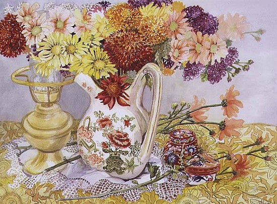 Chrysanthemums in a Chinese Jug (w/c)  a Joan  Thewsey