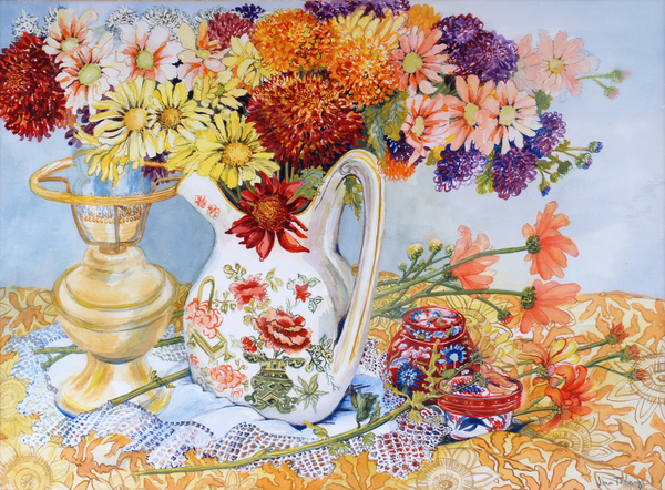 Chrysanthemums in a Chinese Jug a Joan  Thewsey