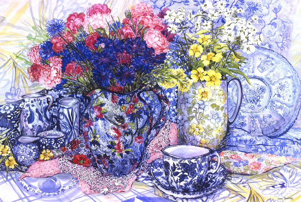 Cornflowers with Antique Jugs and Patterned Fabrics a Joan  Thewsey