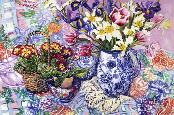 Daffodils, Tulips and Iris in a Jacobean Blue and White Jug with Sanderson Fabric and Primroses a Joan  Thewsey
