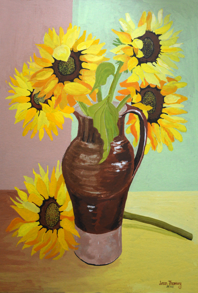 Five Sunflowers in a Tall Brown Jug a Joan  Thewsey