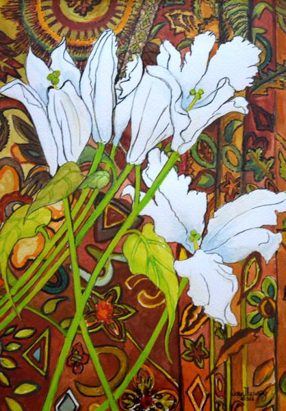 Lilies against a Patterned Fabric a Joan  Thewsey