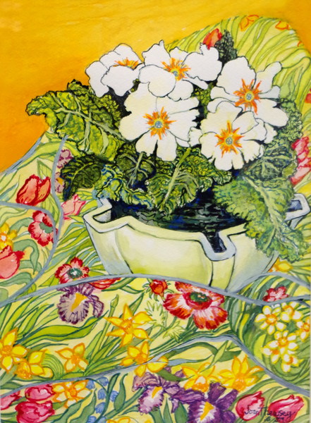 Pale Primrose in a Pot with Spring-flowered Textile a Joan  Thewsey