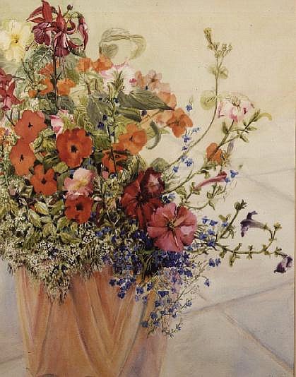 Petunias, Lobelias, Busy Lizzies and Fuschia in a Terracotta Pot (w/c)  a Joan  Thewsey