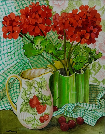 Red geranium with the strawberry jug and cherries a Joan  Thewsey