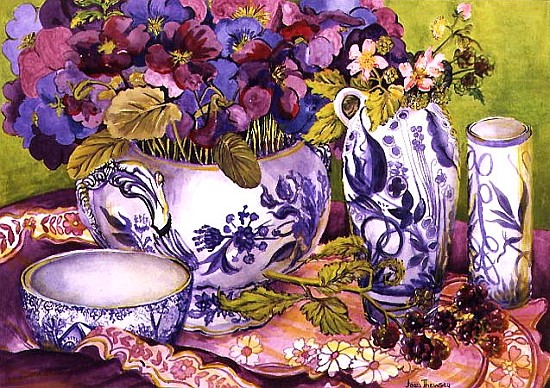 Still Life with Pansies, Violas and Blackberries (w/c on paper)  a Joan  Thewsey