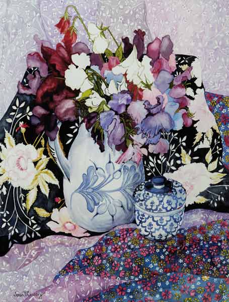 Sweet peas in a blue and white jug with blue and white pot and textiles a Joan  Thewsey