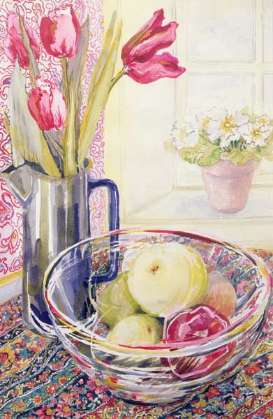 Tulips with Fruit in a Glass Bowl (w/c)  a Joan  Thewsey