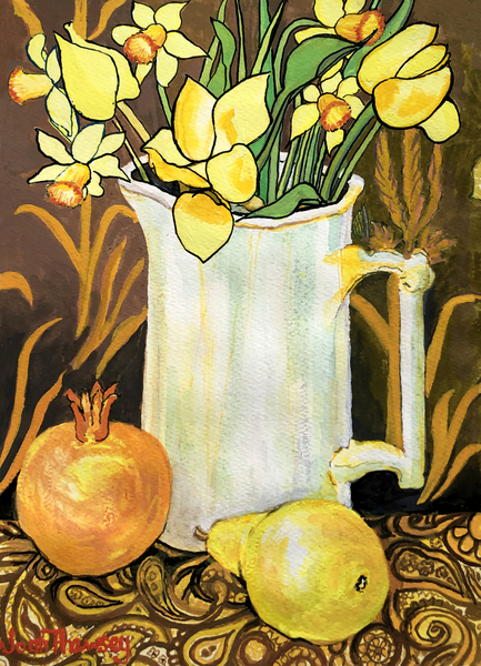 Tulips and Daffodils in a White Jug, with textiles, pomegranate and pear a Joan  Thewsey